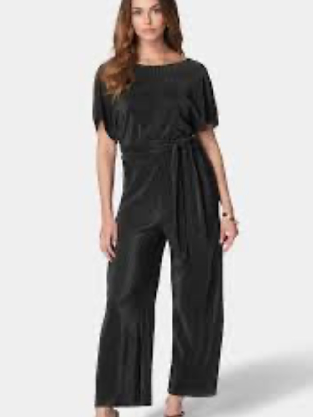 bebe Black Plisse Wide-Leg Jumpsuit with Tie Belt